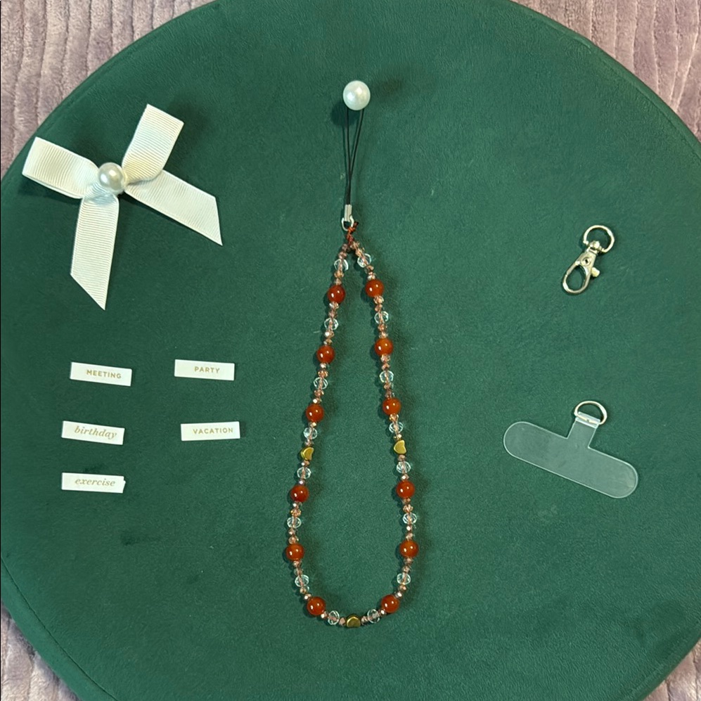 Elegant Beaded Cell Phone Chain Holder Orange And Silver With Accessories